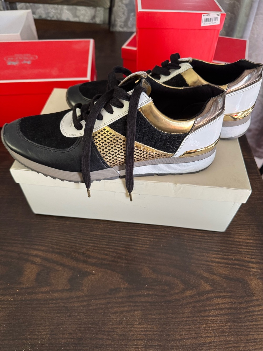 Michael Kors Black, Gold & White Mixed-Media Low-Top Sneakers